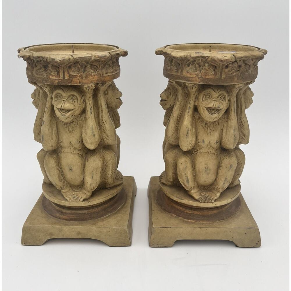 Candle Holder Pilar Monkey Monkeys Lot of 2 Happy Crazy Chimp Smiling 9.5" Pair